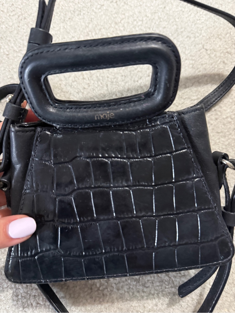 Maje Black Croc-Textured Mini Top-Handle Crossbody